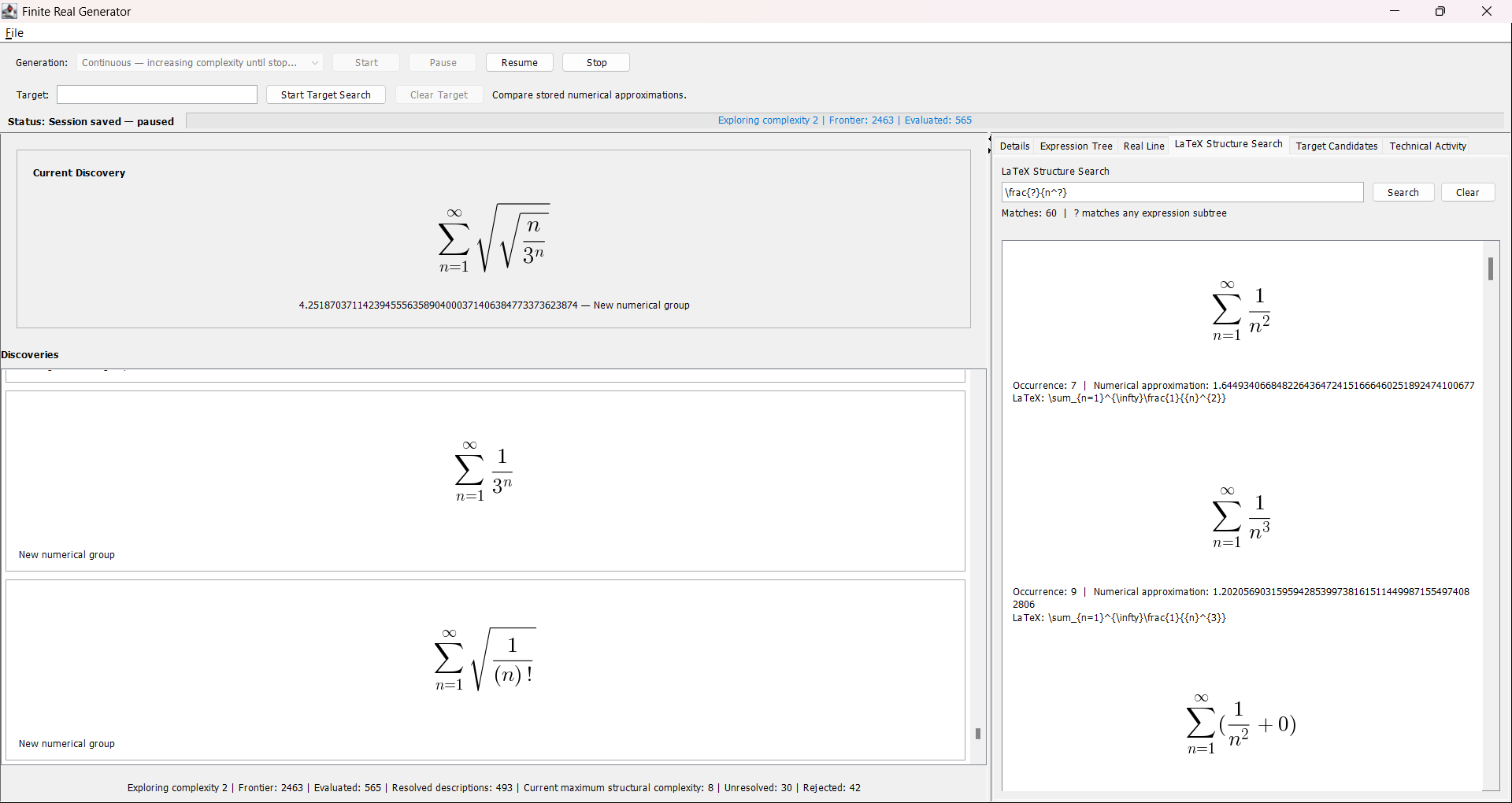 Finite Real Generator LaTeX Structure Search showing a wildcard pattern and matching discoveries